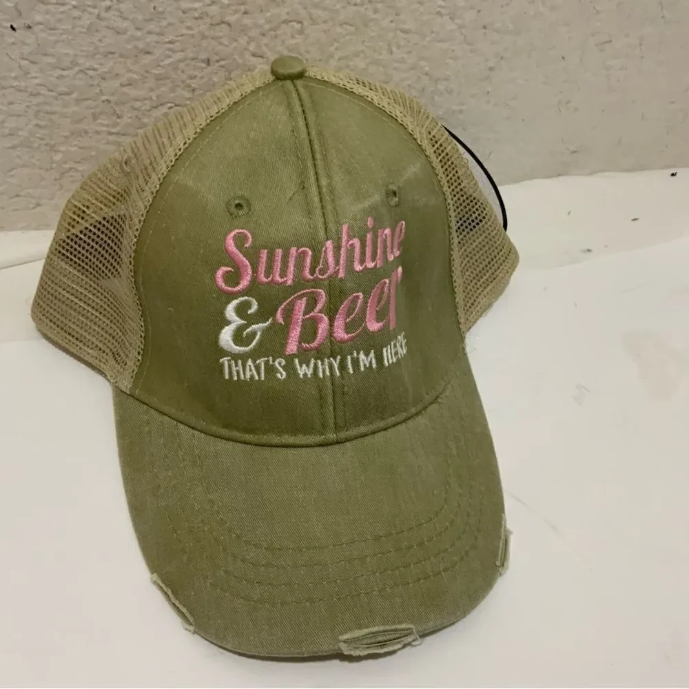 “Sunshine and Beer That’s Why I’m Here” Summer Pink and khaki Hat